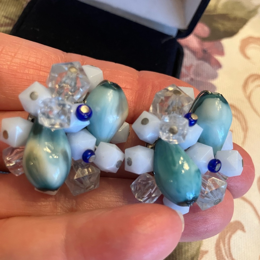 MADE IN WESTERN GERMANY SIGNED CRYSTAL AND GLASS  EARRINGS - Picture 2 of 5